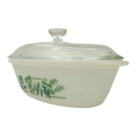 Vintage Glasbake J235 1Qt Casserole Dish Herb Garden Pattern With Lid Milk Glass - Picture 14 of 16